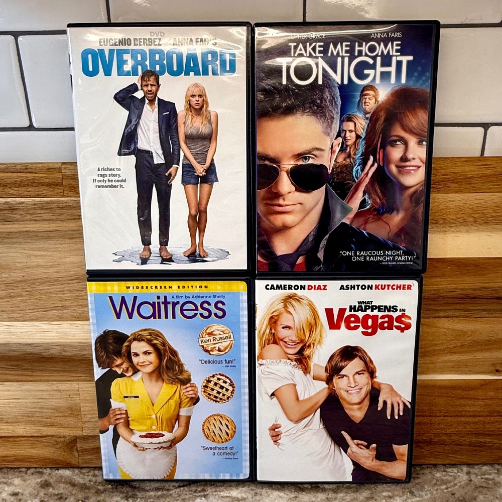 Rom-Com DVD's Overboard, Take Me Home Tonight, Waitress, What Happens in Vegas